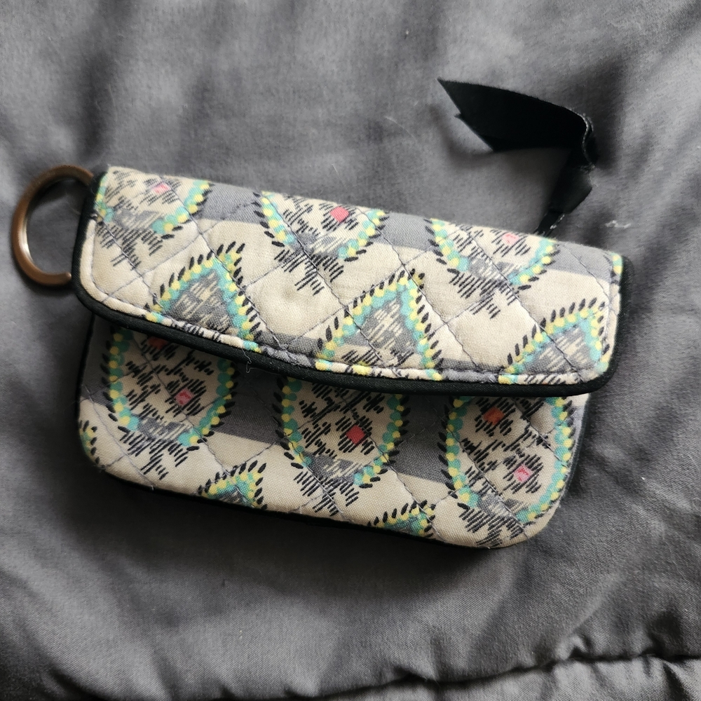Vera Bradley Floral Paisley Gray ID Case Key Ring Top Zip Coin Purse 4.5"X3"